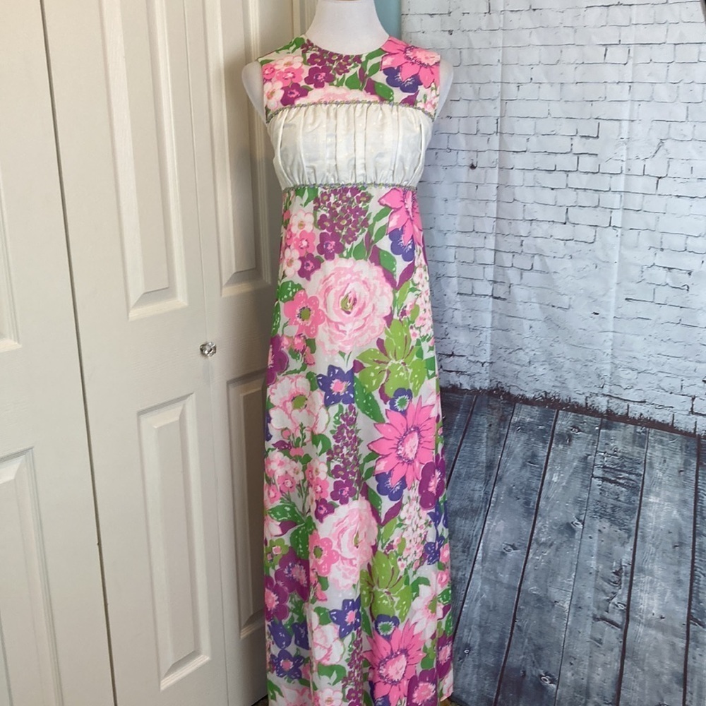TOBY For Young Hawaii Vintage Floral Eyelet Sleeveless Maxi Dress S Luau Retro
